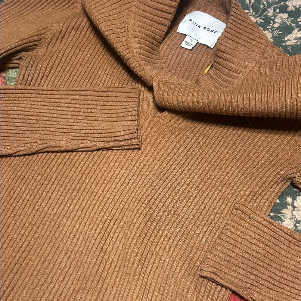 Pink Rose Women's V-Neck Ribbed Brown Sweater - Picture 3 of 4